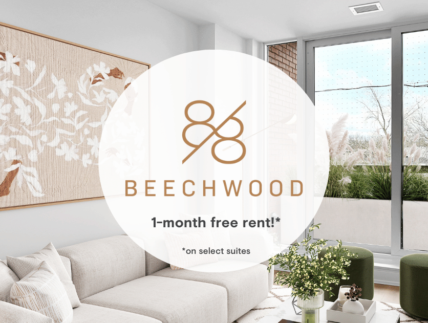 Open-concept living room and balcony in a Two Bedroom Suite at 88 Beechwood.